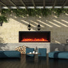 Stylish Remii Extra Slim electric fireplace mounted on a rustic brick wall, featuring realistic flames and a glowing ember bed. Designed for indoor and outdoor versatility, this ultra-slim unit enhances both contemporary and industrial-themed spaces.