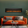 Remii Extra Slim electric fireplace elegantly mounted on a living room wall with a natural wood panel frame. The realistic flames and sleek black design add warmth to the cozy setting, perfect for pet-friendly households and contemporary indoor decor.