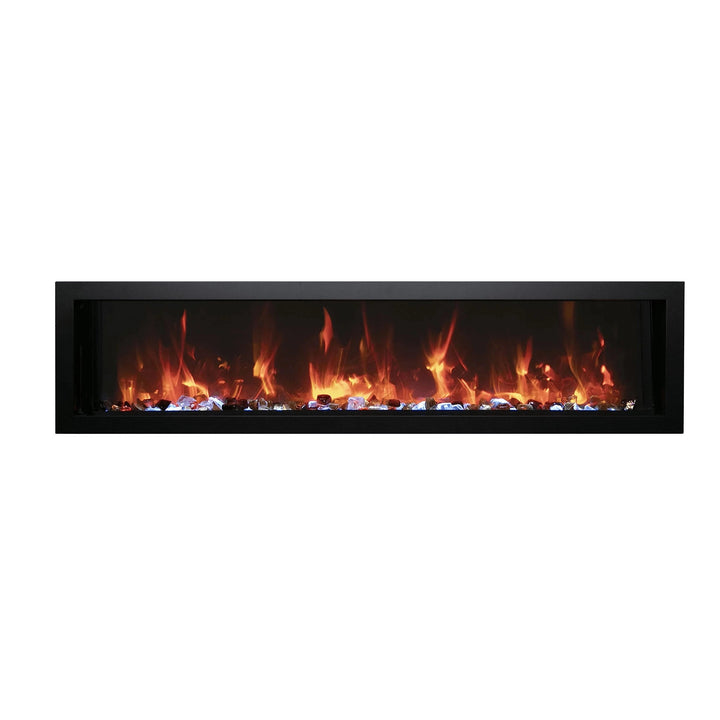 Contemporary Remii Extra Slim electric fireplace showcasing a mix of warm flames and color-changing crystal effects. Designed for indoor and outdoor wall installations, this built-in unit adds ambiance to modern homes with its minimalist black frame and vibrant lighting features.