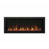 A sleek Remii Extra Slim indoor/outdoor built-in electric fireplace displaying realistic golden flames with vibrant orange ember bed. Ideal for modern indoor spaces or covered outdoor patios, this electric fireplace offers a minimalist black frame and slim profile for seamless wall integration.