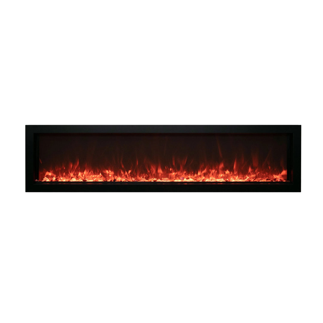 Wide-format Remii Extra Slim indoor/outdoor electric fireplace with extended flame visuals across a sleek black frame. Featuring a brilliant ember bed and soft lighting, this fireplace complements spacious interiors and covered outdoor areas with a seamless, built-in look.