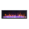 A front view of the Remii Tall Indoor/Outdoor Built-In Electric Fireplace with vibrant purple flames and reflective clear crystals. Perfect for enhancing ambiance in living rooms or patios, this electric fireplace offers sleek aesthetics and customizable heat control.