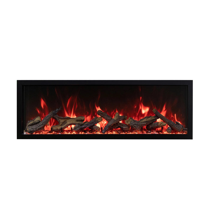 The Remii Tall Indoor/Outdoor Built-In Electric Fireplace featuring deep red flames paired with a realistic log setup. This electric fireplace is built for seamless integration, offering visual warmth and modern sophistication to both indoor and outdoor settings.