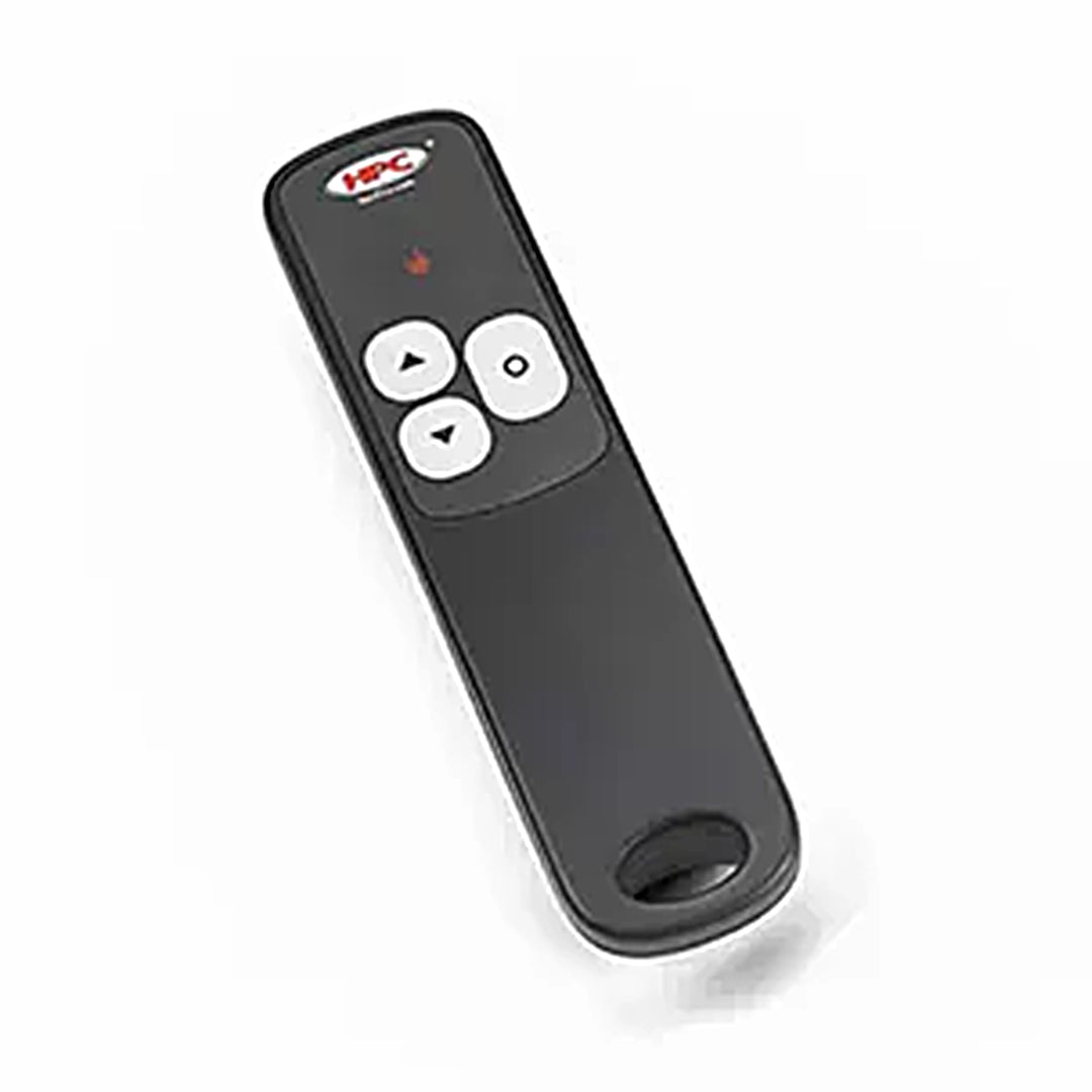 HPC remote control with a black design, featuring four buttons for controlling fire pit functions, including ignition and flame adjustment