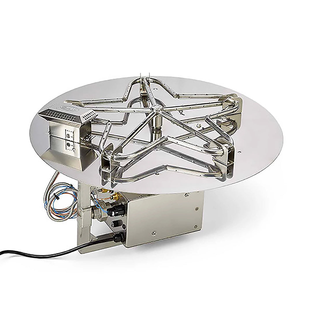 Round stainless steel fire pit burner with star-shaped design and integrated electronic ignition system, perfect for custom outdoor fire pit installations