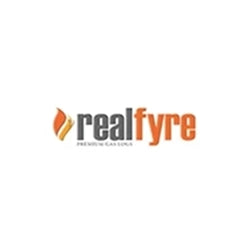 Real Fyre logo featuring the brand name in gray and orange with a stylized flame icon, representing their premium gas logs products.