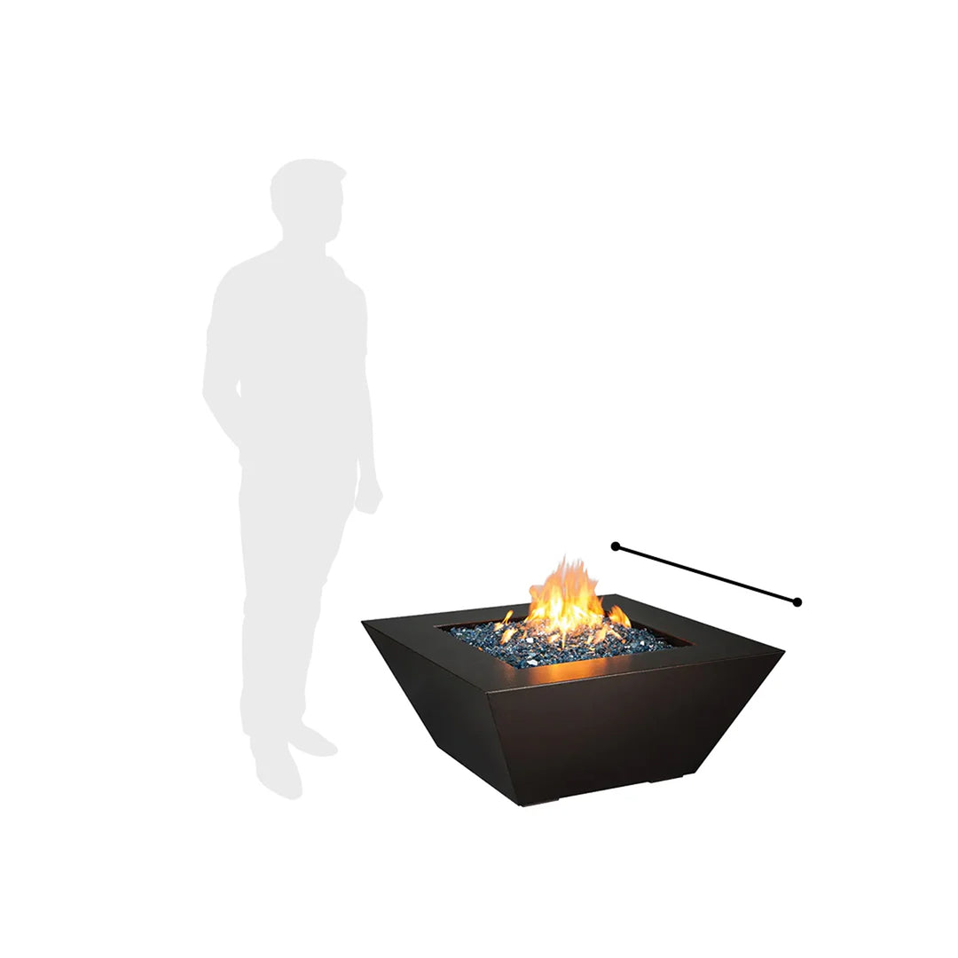 Square tapered fire pit table in dark finish with central flames, accompanied by a silhouette of a person to illustrate scale and size