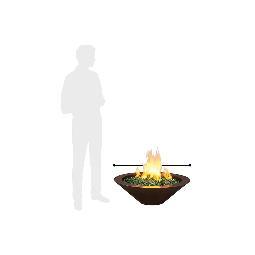 Round tapered fire pit table in dark finish with central flames, accompanied by a silhouette of a person to illustrate scale and size