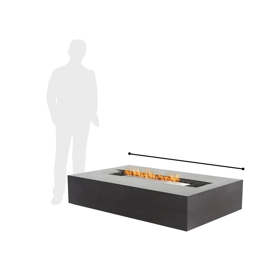  rectangular fire pit table in medium gray with a central burner, shown alongside a scale reference silhouette for size indication
