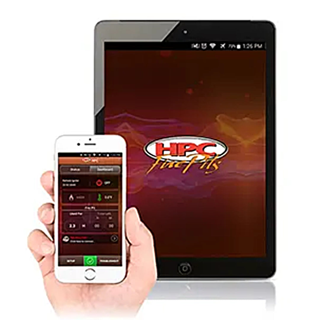 HPC Fire Pits app displayed on a smartphone and tablet, showcasing smart device compatibility for controlling fire pit functions remotely