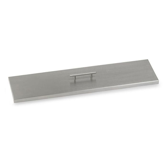 Stainless steel linear burner cover by American Fire Products, designed to protect 30-inch fire pit burners from the elements while offering a sleek, modern finish with a center handle for easy removal.