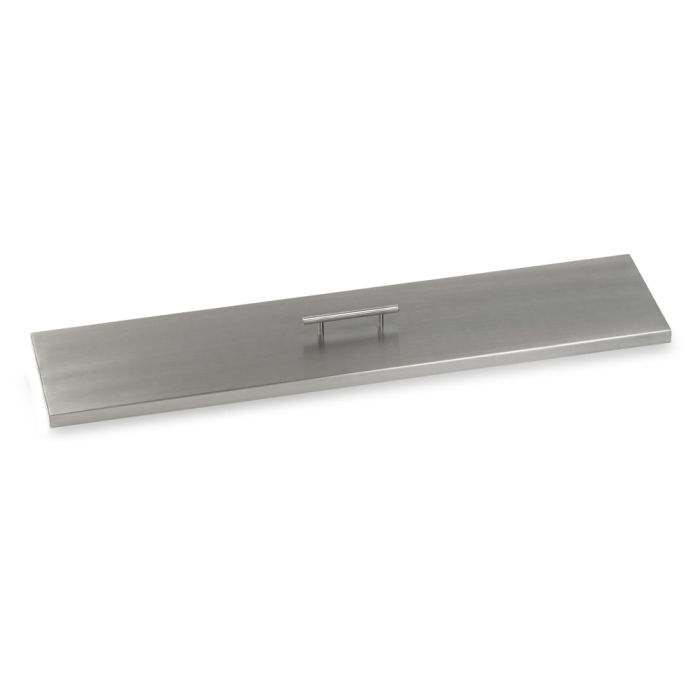 36-inch stainless steel linear burner cover by American Fire Products, featuring a sleek brushed finish and center handle—ideal for protecting fire pit burners from weather and debris while maintaining a clean, modern look.