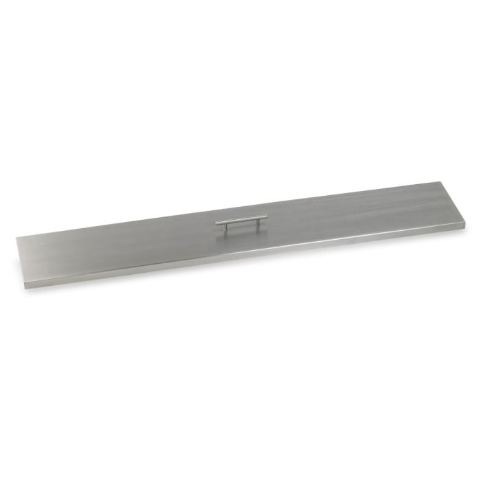 48-inch linear burner cover by American Fire Products, crafted from durable stainless steel with a sleek brushed finish and center handle—designed to protect fire pit burners while adding a modern, polished touch.