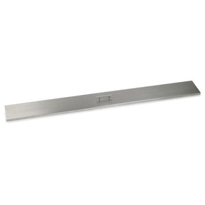 72-inch stainless steel linear burner cover by American Fire Products, featuring a sleek brushed finish and center handle—designed for full-length protection of extra-large fire pit burners with a clean, modern aesthetic.