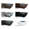 Starfire Designs Mill 40-inch square steel gas fire pit displayed in multiple finish options: Bronze Hammertone, Copper Vein, Silver Hammertone, Black Hammertone, Silver Vein, and White Hammertone. Each fire pit features a modern design with vibrant blue fire glass, suitable for various outdoor setting