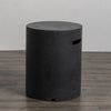 Angled view of the Starfire Designs Beton 16" Graphite Round Propane Tank Cover emphasizing its elegant construction, durability, and stylish graphite finish, ideal for contemporary backyard fire pits.