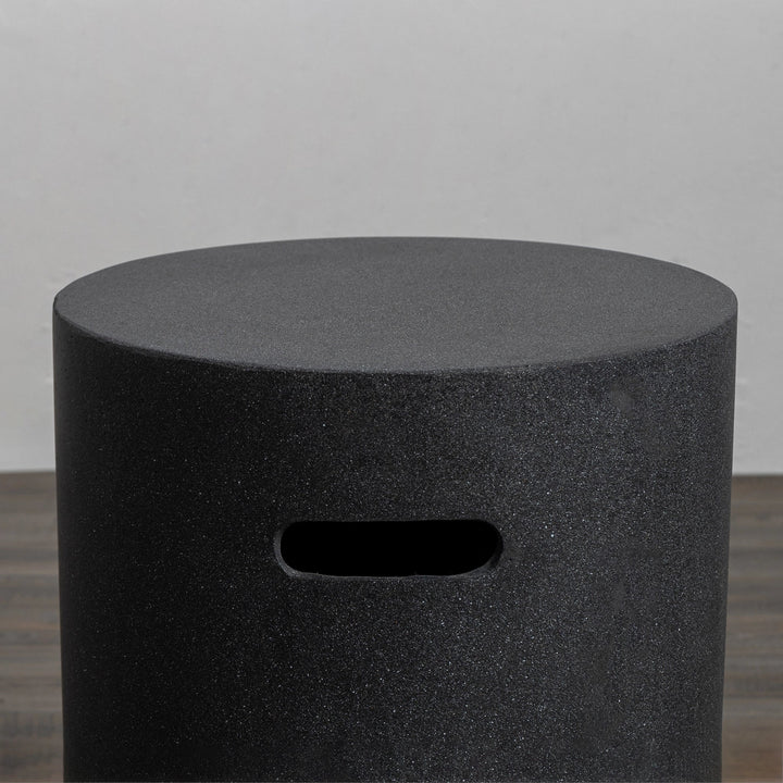 Close-up of the handle on the Starfire Designs Beton 16" Graphite Round Propane Tank Cover, showcasing its ergonomic design and detailed craftsmanship, perfect for easy access while blending with outdoor fire pit aesthetics.