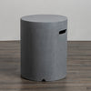 Close-up of the handle cutout on the Starfire Designs Beton 16" Natural Gray Round Propane Tank Cover, featuring precise craftsmanship and smooth edges. This durable and stylish cover is ideal for concealing propane tanks used with modern outdoor fire pits. Its natural gray tone complements various outdoor decors.