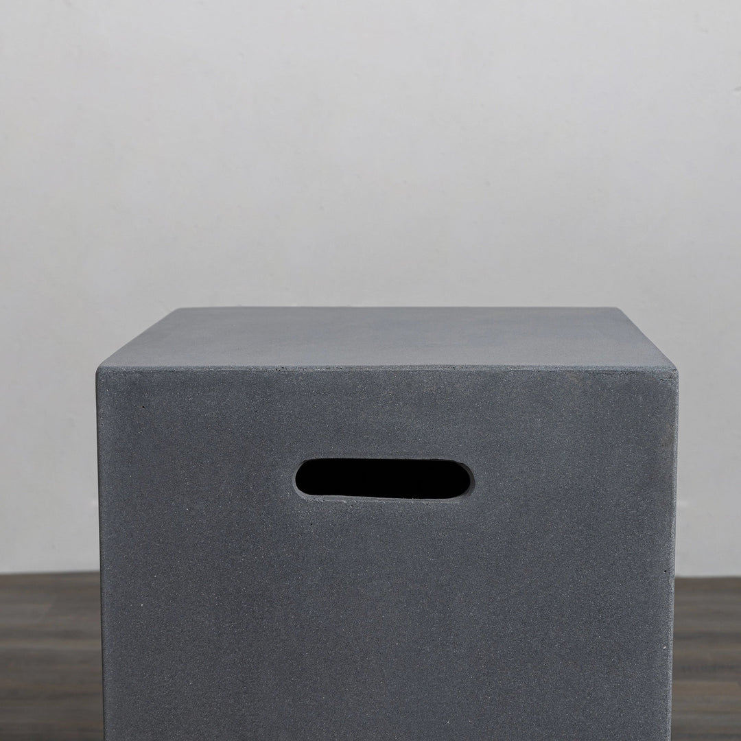 Close-up of the top section of the Starfire Designs Beton 16-inch Natural Gray Square Propane Tank Cover, highlighting its smooth texture and ergonomic hand slots. Designed for both utility and aesthetics, this cover is an essential accessory for concealing propane tanks while maintaining a polished outdoor setup.