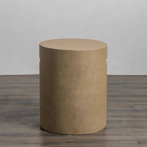 A detailed side view of the Starfire Designs Beton 16" Sand Round Propane Tank Cover, showcasing its smooth, cylindrical shape and durable concrete construction. This outdoor propane tank cover in a sand finish blends functionality and style, complementing fire pit setups. 