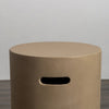 The top view of the Starfire Designs Beton 16" Sand Round Propane Tank Cover, emphasizing its seamless concrete surface and refined craftsmanship. Designed to protect propane tanks, this fire pit accessory in a neutral sand color is ideal for modern outdoor spaces.