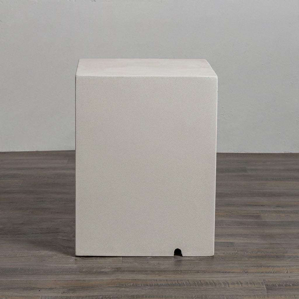 Rear view of the Starfire Designs Beton 16-inch white square propane tank cover highlighting its seamless white finish, durable concrete construction, and functional cutout at the base for propane hose access. Perfect for outdoor use, providing both functionality and aesthetic appeal. 