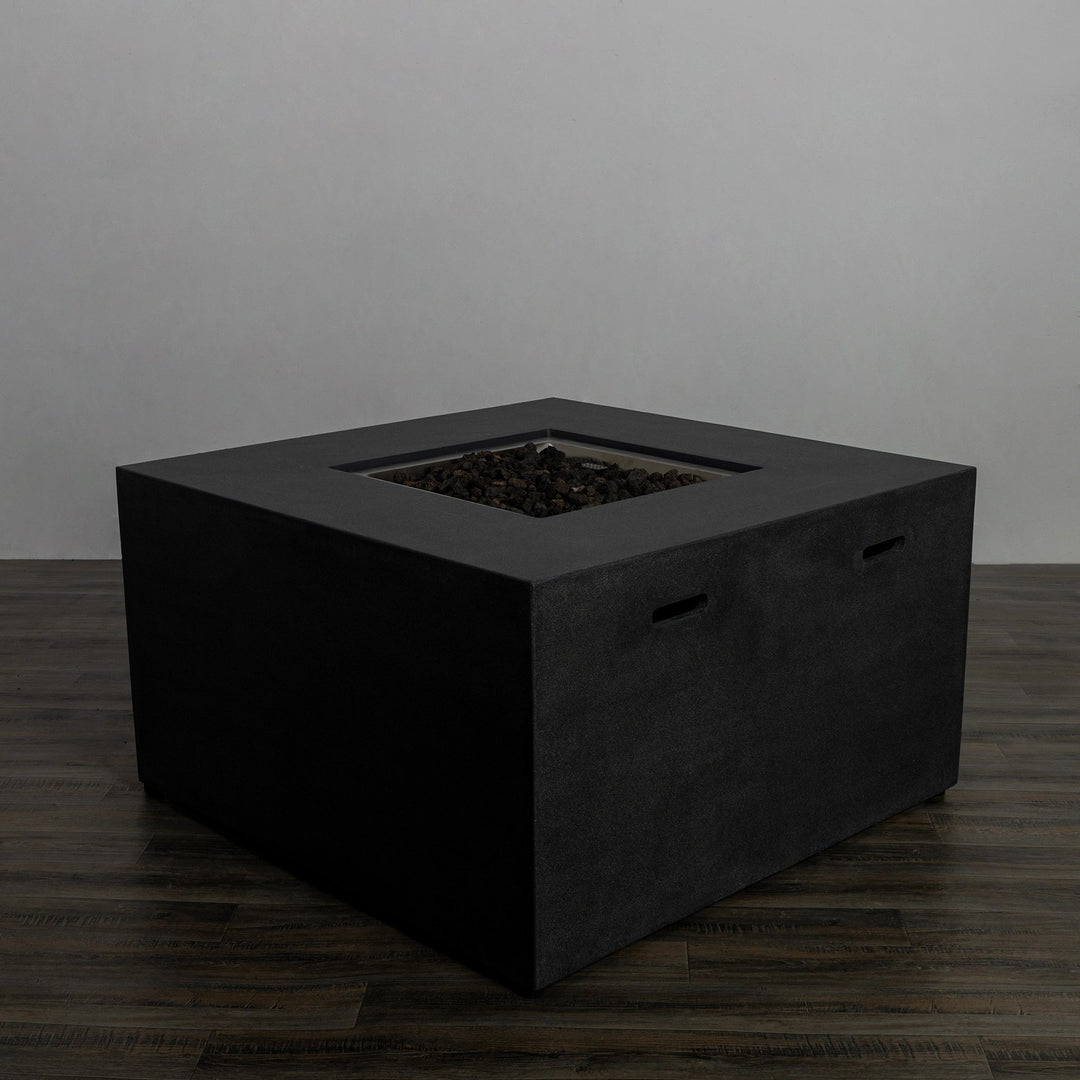 A side perspective of the Starfire Designs 42" Graphite Square Fire Pit, emphasizing its hidden propane tank design, sleek construction, and durable materials. Perfect for outdoor patios or backyards. 