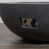 Close-up view of the push-button ignition system and adjustable flame controls of the Starfire Designs Beton 42 Inch Graphite Round Concrete Natural Gas Fire Pit, showcasing the sleek stainless-steel panel and intuitive operation for enhanced usability and modern outdoor fire pit design.