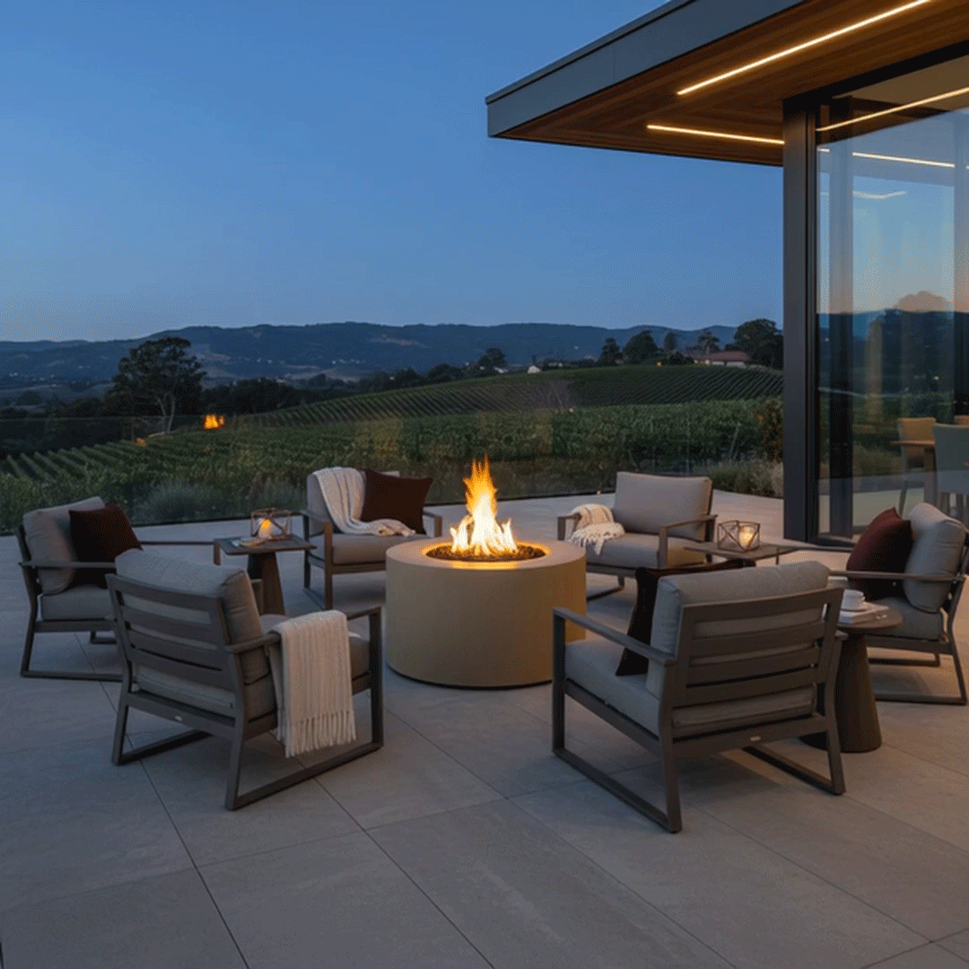 At dusk on a spacious terrace overlooking lush vineyards, a glowing round fire pit becomes the focal point of a cozy seating circle, its golden flames rising from lava rocks as throws and cushioned lounge chairs invite guests to linger, creating a patio fire pit setting ideal for outdoor entertaining, where this inviting feature easily transforms the space into a warm, cozy backyard fire pit retreat for relaxed conversation and wine under the open sky.