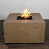 Side view of the Starfire Designs Beton 42-inch sand square hidden propane tank gas fire pit. Highlights include a durable concrete finish, ergonomic handles for mobility, and a modern minimalist outdoor fire pit style.
