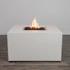 The Starfire Designs Beton 42" White Square Hidden Propane Tank Gas Fire Pit, showcasing a modern white concrete finish and robust flame for outdoor ambiance and warmth. 