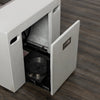 This image shows the Starfire Designs Beton 55" White Rectangle Hidden Propane Tank Gas Fire Pit with the access door open, revealing the compartment for a hidden propane tank. The smooth concrete white finish highlights its contemporary design, with side handle cutouts for ease of movement. The compartment door features a brushed stainless steel handle, adding a modern accent.