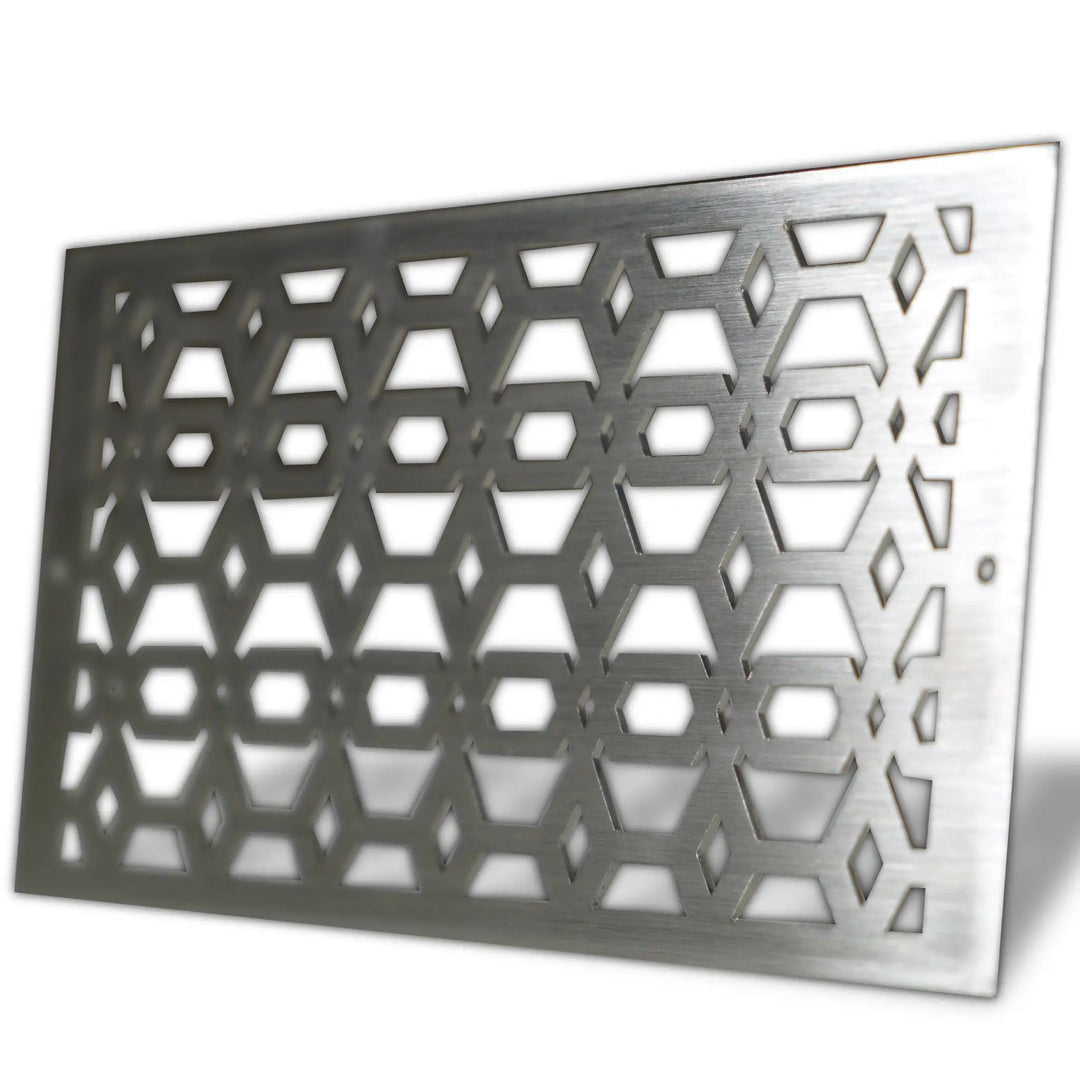 Straight-on view of the Starfire Designs Decorative Fire Pit Venting Panel - Arbor. This precision-cut stainless steel venting panel is designed for modern outdoor fire pits, ensuring proper ventilation and safety for your backyard fire pit setup