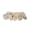 A collection of 24 beige-colored fire pebbles arranged in a random pile, featuring a natural stone-like appearance. These ceramic fire pebbles are designed for outdoor fire pits, adding a soft, organic touch to the fire pit's aesthetic. Ideal for use in modern and contemporary outdoor spaces, these heat-resistant fire pebbles are durable and enhance the overall look of fire feature