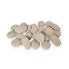 A top view of 24 beige fire pebbles neatly arranged, showing the smooth, natural texture of each ceramic pebble. These heat-resistant pebbles are designed for use in outdoor fire pits, adding an earthy and minimalist aesthetic. Perfect for enhancing the look of modern fire features, these fire pebbles are durable and provide a visually appealing contrast when used with dark fire glas