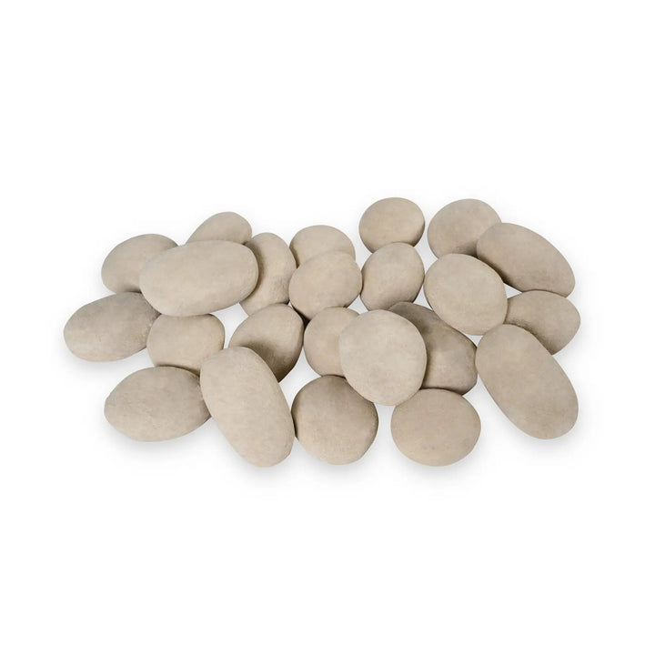 A top view of 24 beige fire pebbles neatly arranged, showing the smooth, natural texture of each ceramic pebble. These heat-resistant pebbles are designed for use in outdoor fire pits, adding an earthy and minimalist aesthetic. Perfect for enhancing the look of modern fire features, these fire pebbles are durable and provide a visually appealing contrast when used with dark fire glas