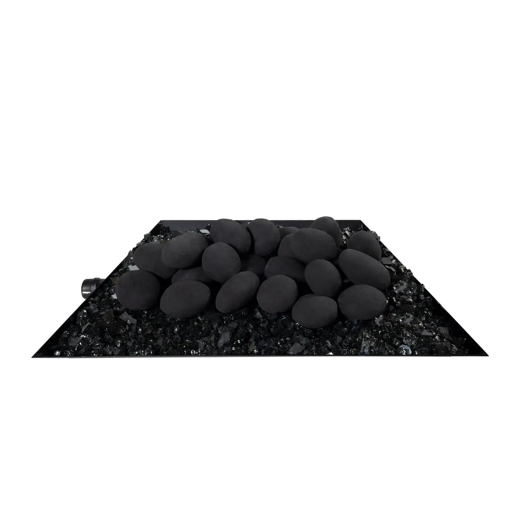 A front-facing view of the Starfire Designs Fire Pebbles set in black, arranged atop black fire glass on a sleek black tray. The smooth, round pebbles stand out, offering a modern aesthetic to any fire feature. Suitable for both indoor and outdoor use in fire pits or decorative bowls.