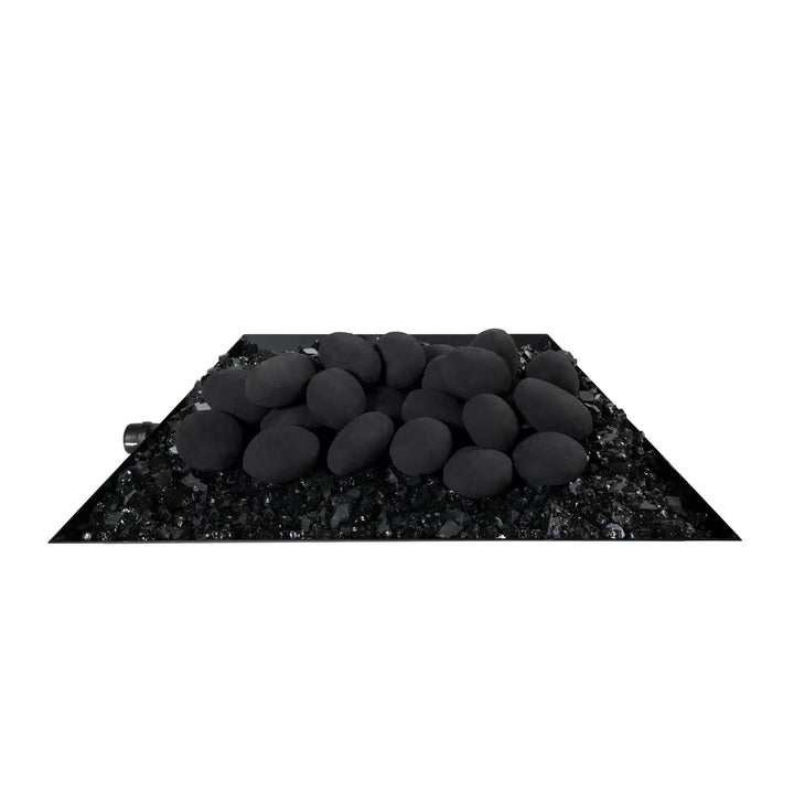 A front-facing view of the Starfire Designs Fire Pebbles set in black, arranged atop black fire glass on a sleek black tray. The smooth, round pebbles stand out, offering a modern aesthetic to any fire feature. Suitable for both indoor and outdoor use in fire pits or decorative bowls.