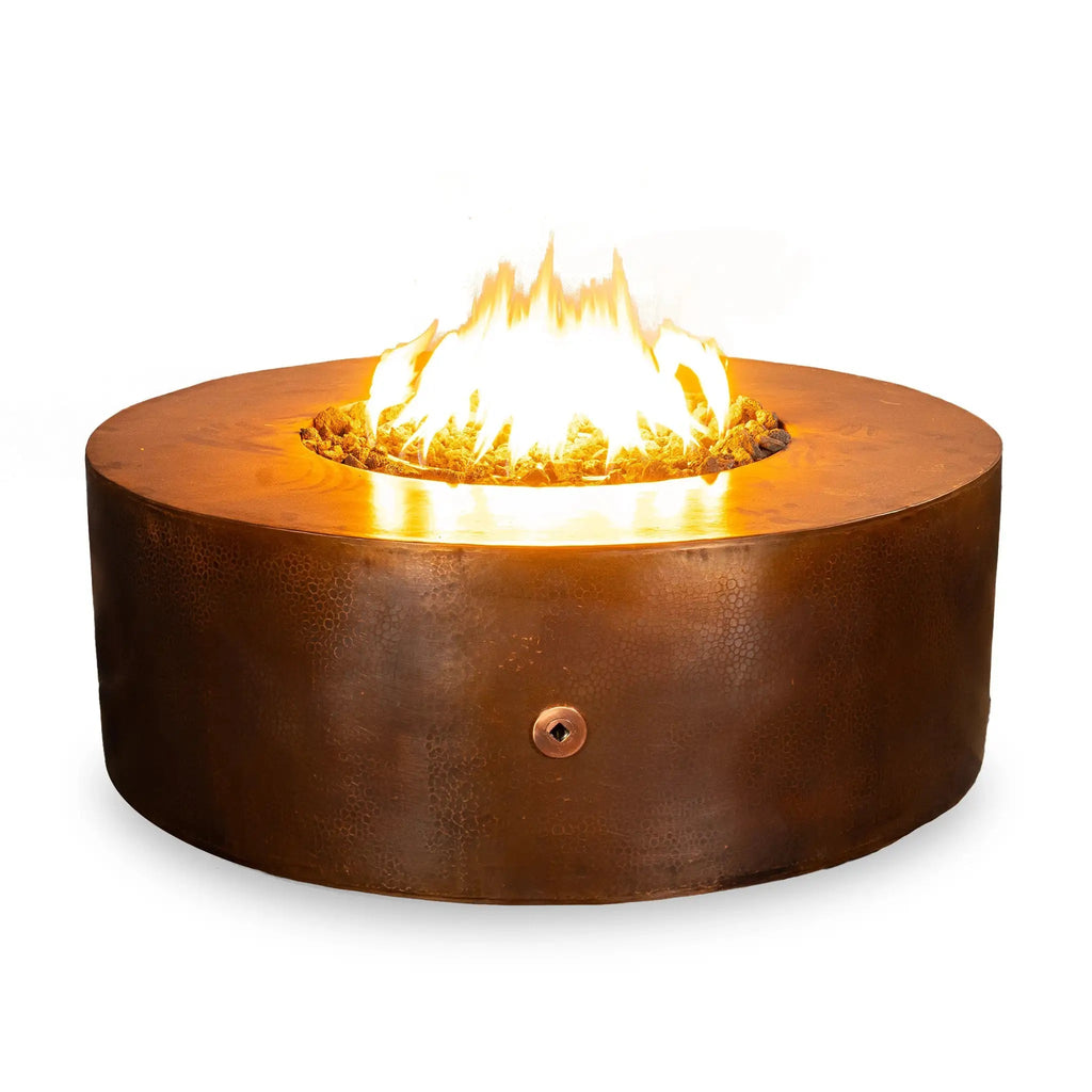 Side view of the 45-inch Gravity Moreno round copper fire pit by Starfire Designs, showcasing its elegant copper finish with a roaring flame at the center