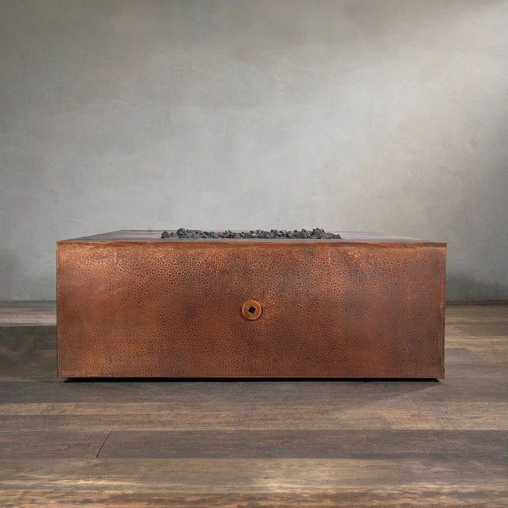 45-inch square copper fire pit from Starfire Designs, Gravity Moreno series, showcasing a sleek and modern design with a focus on the intricate copper texture, perfect for luxury outdoor fire pit settings