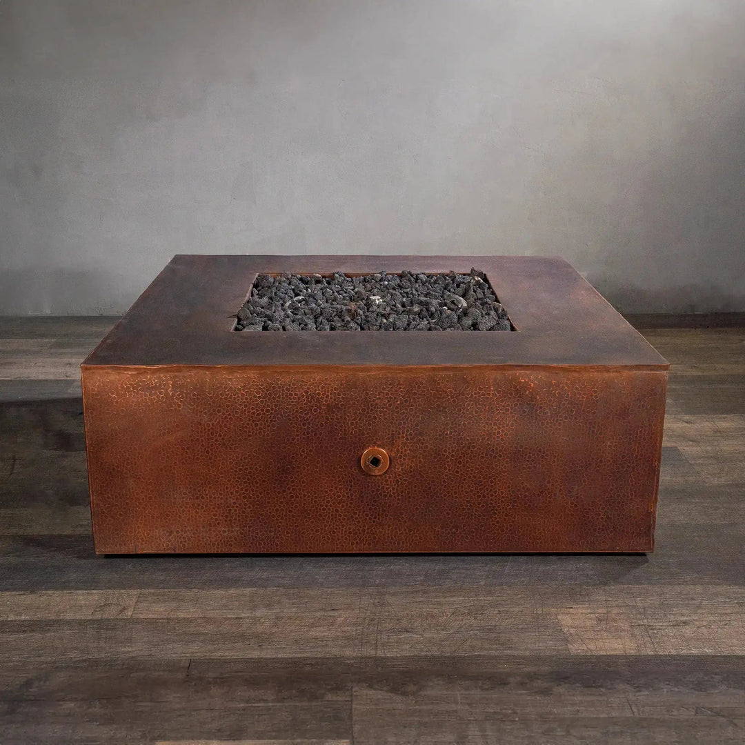 45-inch square copper fire pit by Starfire Designs, Gravity Moreno series, featuring a rich copper texture and deep fire pit bowl, ideal for modern outdoor fire pit settings in luxury backyards