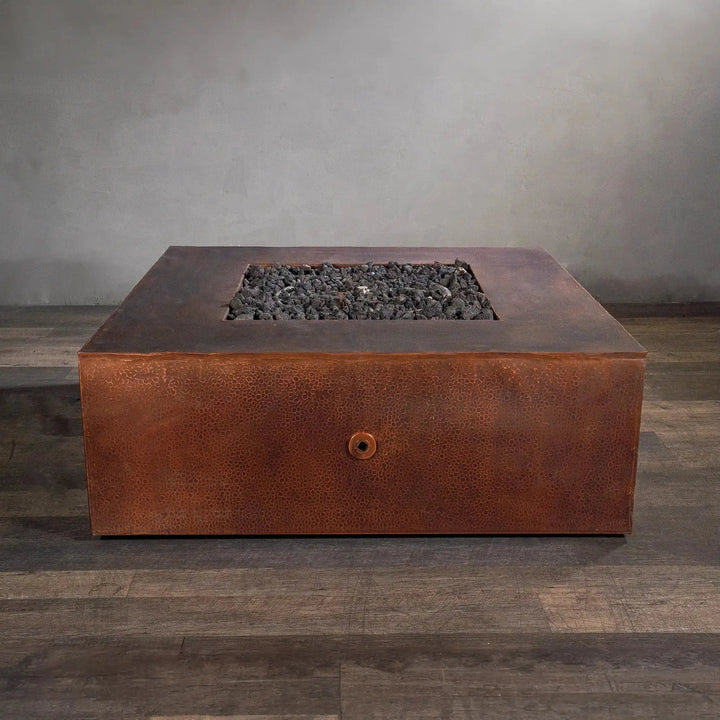 45-inch square copper fire pit by Starfire Designs, Gravity Moreno series, featuring a rich copper texture and deep fire pit bowl, ideal for modern outdoor fire pit settings in luxury backyards