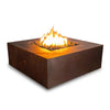 Gravity Moreno 45" W square copper fire pit by Starfire Designs with a modern design, featuring a vibrant flame on a bed of lava rocks, perfect for outdoor patio use in luxury backyard settings