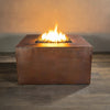 45-inch square copper outdoor fire pit from the Gravity Moreno series by Starfire Designs, featuring a sleek, modern design with a deep copper finish, perfect for luxury backyard setups and outdoor gatherings