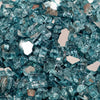 Close-up view of Starfire Glass 1/2" Broken Fire Glass in Azuria Reflective finish, showcasing shimmering blue reflective glass pieces ideal for outdoor fire pits. These premium-quality fire glass chunks create a vibrant glow with natural gas or propane fire pits, enhancing modern fire pit designs and backyard ambiance.