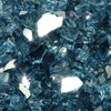 Close-up of Starfire Glass 1/2" Broken Fire Glass in Pacific Blue Reflective finish, featuring radiant blue tones with shimmering mirrored surfaces. Perfect for fire bowls and tables, this fire glass enhances outdoor fire pits with a cool and calming effect.