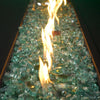  Starfire Glass 1/2" Broken Evergreen Reflective Fire Glass (10lbs) showcases its dazzling emerald-green glow under flickering flames. A stunning addition to any natural gas fire pit, fire bowl outdoor, or commercial fire pit setup.