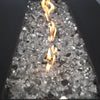 A close-up view of Starfire Glass 1/2" Broken Fire Glass (10lbs) in Titanium Reflective, displaying a rich reflective surface with flames dancing over the premium crushed glass. The deep gray hue complements modern fire pits, outdoor gas fireplaces, and patio fire tables, creating a luxurious ambiance.