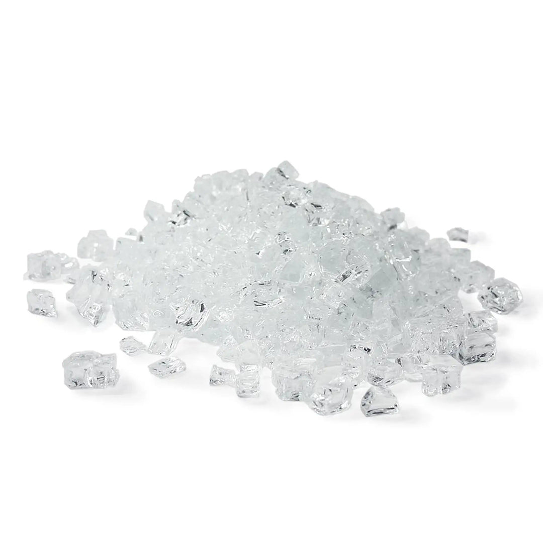 A detailed close-up of Starfire Glass 1/2" broken fire glass in ultra-clear color. The reflective pieces showcase a stunning crystalline texture, perfect for enhancing modern fire pits and outdoor spaces. Ideal for fire pits with natural gas or propane, this high-quality fire glass adds elegance to any setting.
