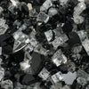 A close-up view of Starfire Glass 1/2" Broken Pre-Mixed Fire Glass in Black Diamond, showcasing its glossy black and reflective silver-clear pieces. This high-quality fire pit glass enhances outdoor fire pits, fireplaces, and gas fire bowls, creating a modern and luxurious fire feature with intense sparkle.